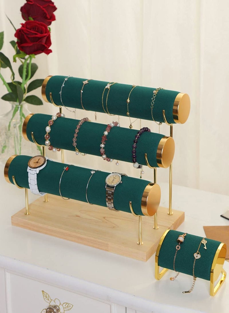 Excefore Detachable Bracelet Holder Three Tier, Velvet Stylish Jewelry Display Stand, Storage Organizer with Wooden Tray for Watch Ring (Dark green) - Image 5