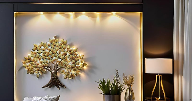 AntarYuga Metal Tree Wall Art with LED | Rajasthani Ethnic Handcrafted Tree Wall Art for Home, Office, Living Room Decoration | LED Wall Hanging Modern Décor Item - Golden 120X5X108 Cm - Image 2