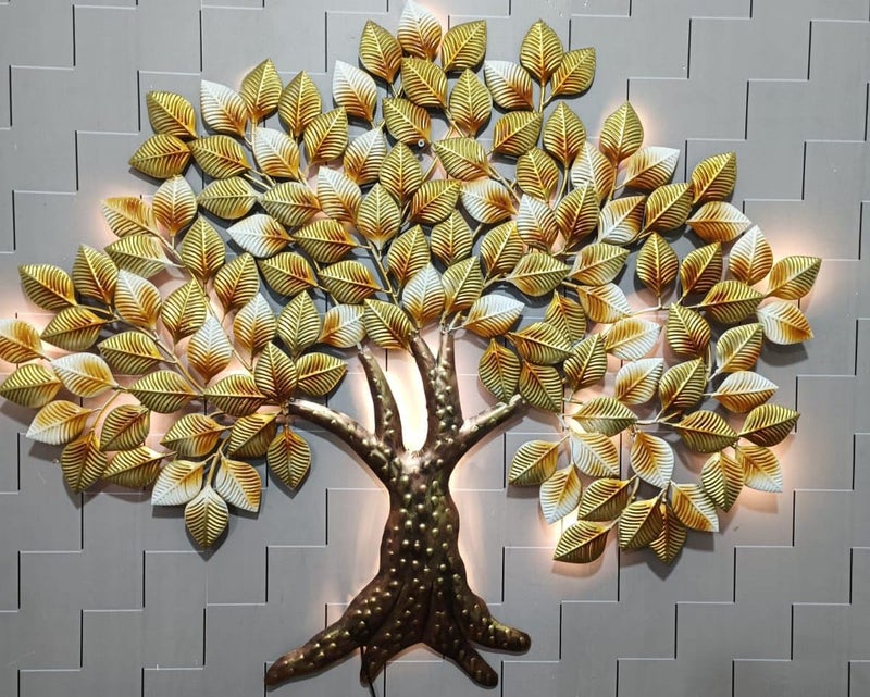 AntarYuga Metal Tree Wall Art with LED | Rajasthani Ethnic Handcrafted Tree Wall Art for Home, Office, Living Room Decoration | LED Wall Hanging Modern Décor Item - Golden 120X5X108 Cm - Image 1