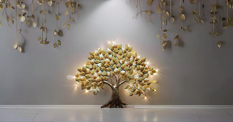 AntarYuga Metal Tree Wall Art with LED | Rajasthani Ethnic Handcrafted Tree Wall Art for Home, Office, Living Room Decoration | LED Wall Hanging Modern Décor Item - Golden 120X5X108 Cm - Image 3
