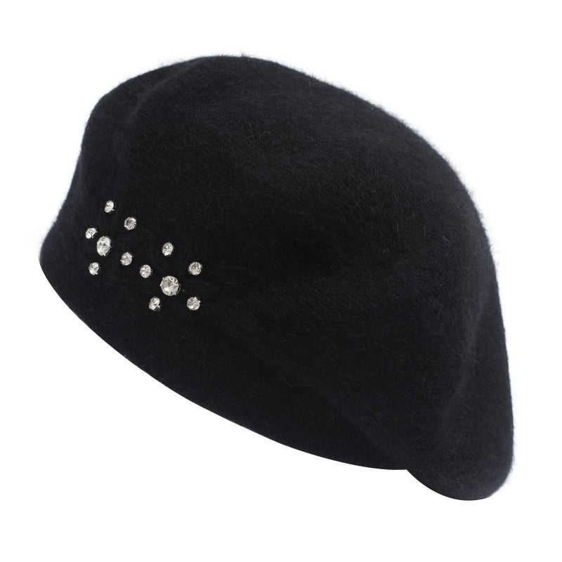 ZLYC Womens French Beret hat, Reversible Solid Color Mosaic Warm Beret Cap for Girls (Flowers Black) - Image 1