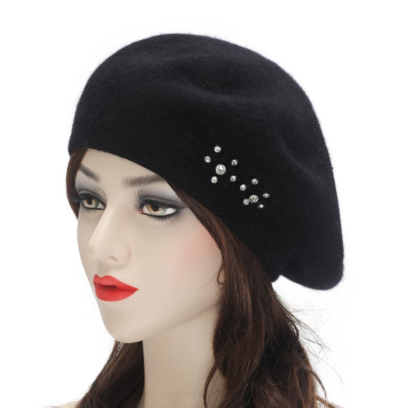 ZLYC Womens French Beret hat, Reversible Solid Color Mosaic Warm Beret Cap for Girls (Flowers Black) - Image 2