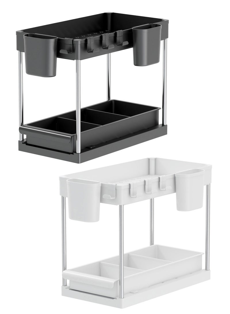 كابسترو منظم مزدوج الطبقات أسفل الحوض مع درج: حل تخزين متعدد الأغراض مزود بمقبض مصمم خصيصًا، وسجادات مانعة للانزلاق، و4 خطافات إضافية، وكوبين، وحجم كبير - لون أسود سري وأبيض سيراميكي، عبوة من قطعتين. - Image 1