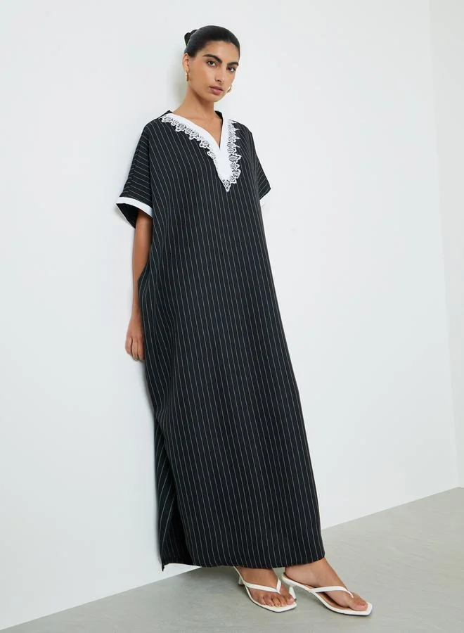 Styli Black Striped Jalabiya with Lace Trim