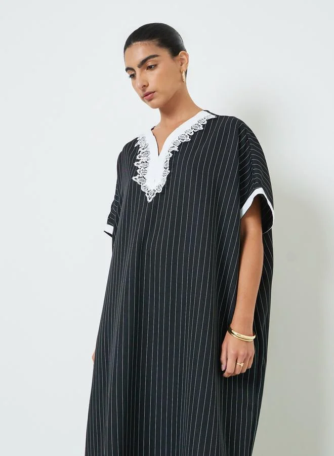 Styli Black Striped Jalabiya with Lace Trim