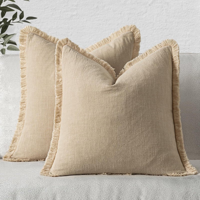 MIULEE Decorative Throw Pillow Covers Neutral Linen Fringe Throw Pillows Set of 2 Beige Boho Farmhouse Cushion Covers with Tassels for Couch Sofa Bed Living Room Spring Home Decor 20x20 Inch - Image 1