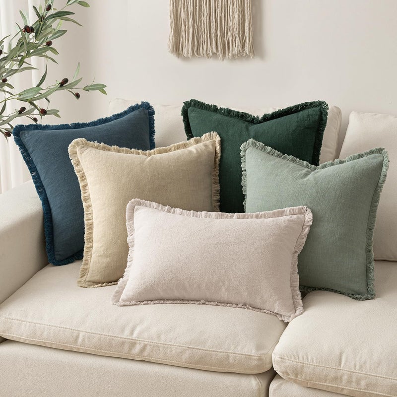 MIULEE Decorative Throw Pillow Covers Neutral Linen Fringe Throw Pillows Set of 2 Beige Boho Farmhouse Cushion Covers with Tassels for Couch Sofa Bed Living Room Spring Home Decor 20x20 Inch - Image 5