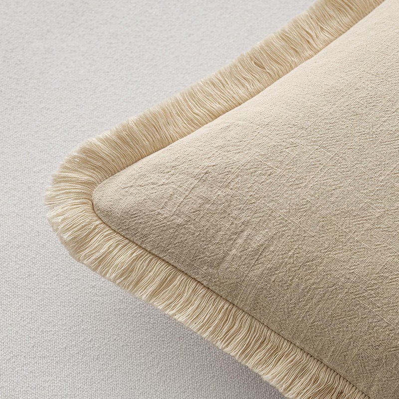 MIULEE Decorative Throw Pillow Covers Neutral Linen Fringe Throw Pillows Set of 2 Beige Boho Farmhouse Cushion Covers with Tassels for Couch Sofa Bed Living Room Spring Home Decor 20x20 Inch - Image 3