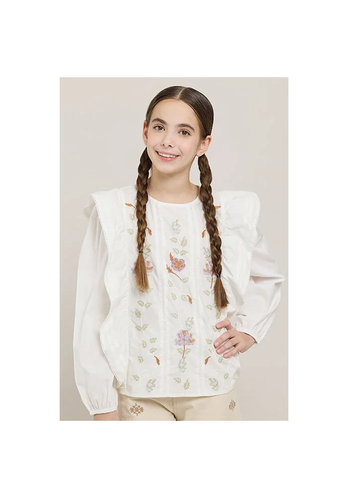 أر أند بي Embroidered Top with Round Neck and Leg-Of-Mutton Sleeves