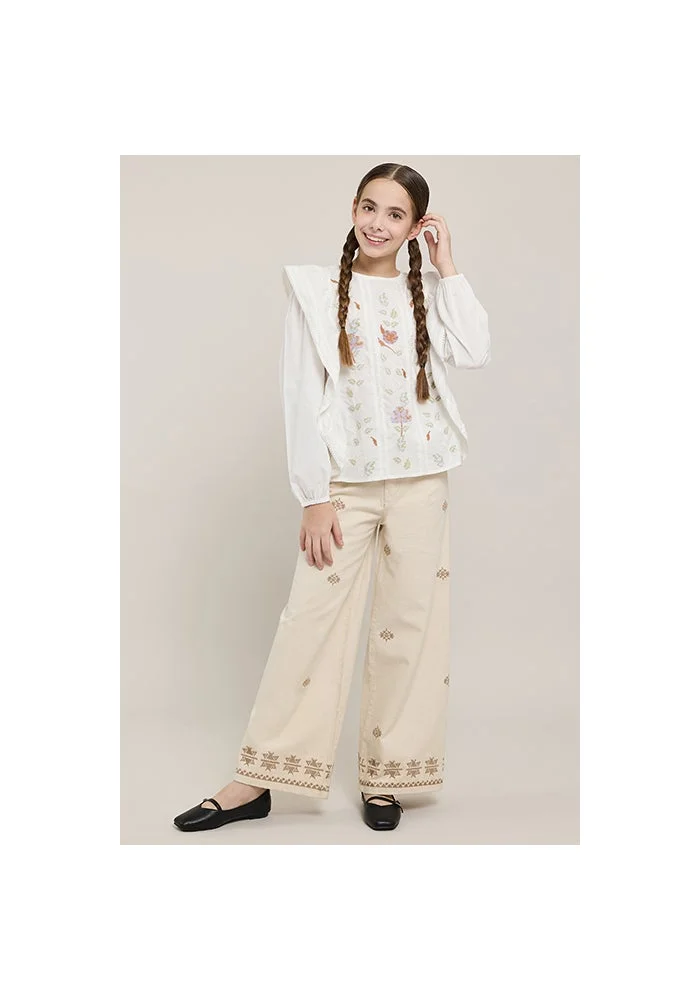 أر أند بي Embroidered Top with Round Neck and Leg-Of-Mutton Sleeves