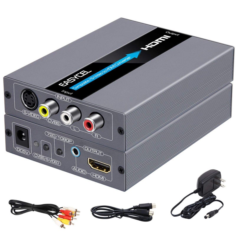 Easycel RCA Svideo to HDMI Converter, RCA Composite CVBS AV or Svideo + R/L Audio Input to HDMI Output Upscale Converter, Supports 720P/ 1080P Output Switch for N64, PS2, Wii, DVD - Image 1