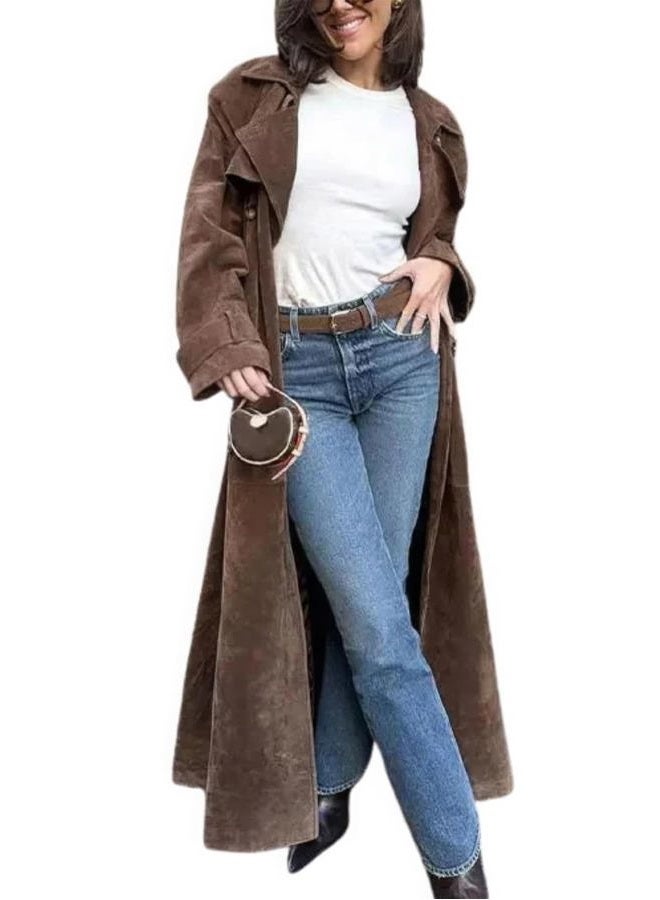 ebossy Women's Fashion Faux Suede Open Front Long Trench Coat Notched Lapel Double Breasted Maxi Overcoat with Belt, Dark Brown, XL - Image 1