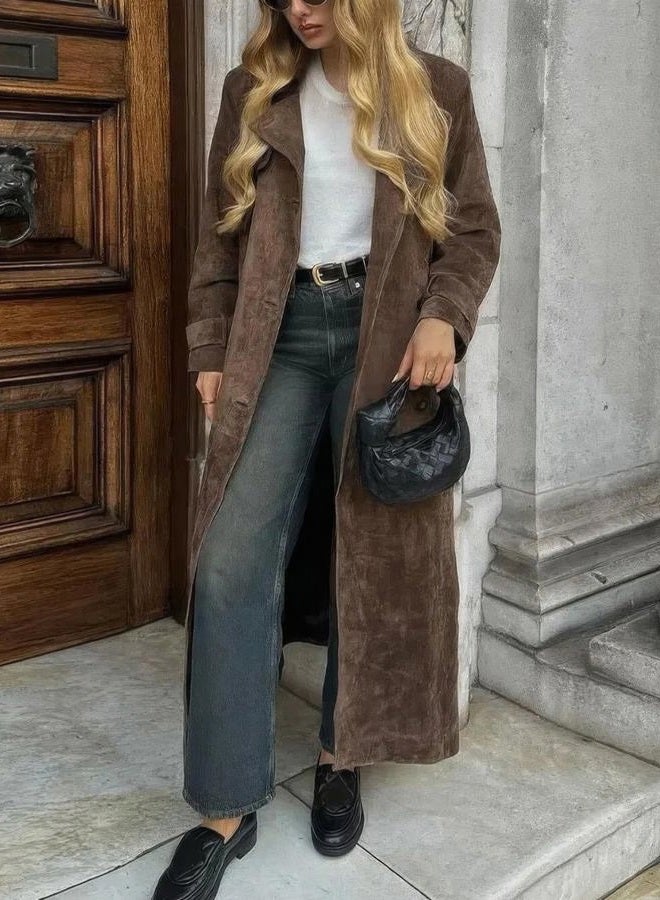 ebossy Women's Fashion Faux Suede Open Front Long Trench Coat Notched Lapel Double Breasted Maxi Overcoat with Belt, Dark Brown, XL - Image 3