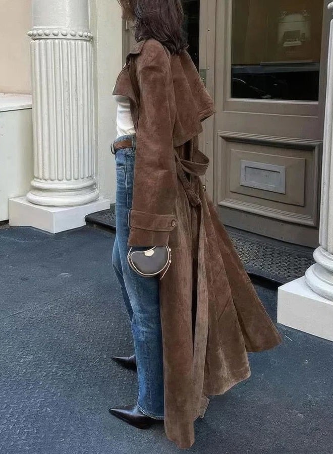 ebossy Women's Fashion Faux Suede Open Front Long Trench Coat Notched Lapel Double Breasted Maxi Overcoat with Belt, Dark Brown, XL - Image 5