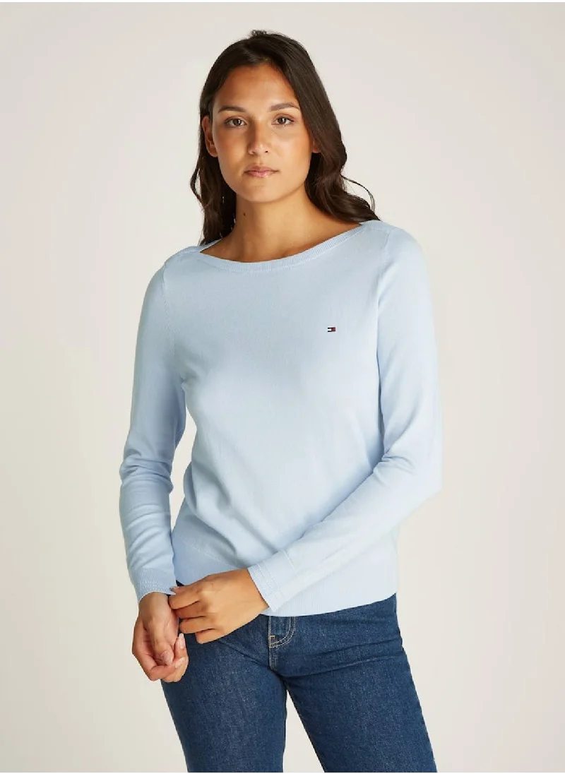 TOMMY HILFIGER Women's Boat Neck Jersey Jumper -  Pure organic cotton jersey, Blue