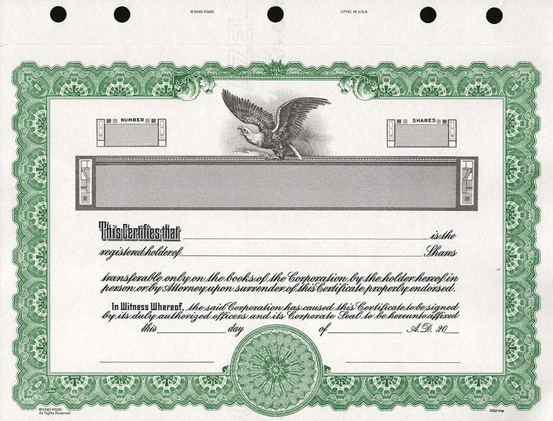 Hubco Goes KG2 Stock Certificate, Green, 15-Pack - Image 1