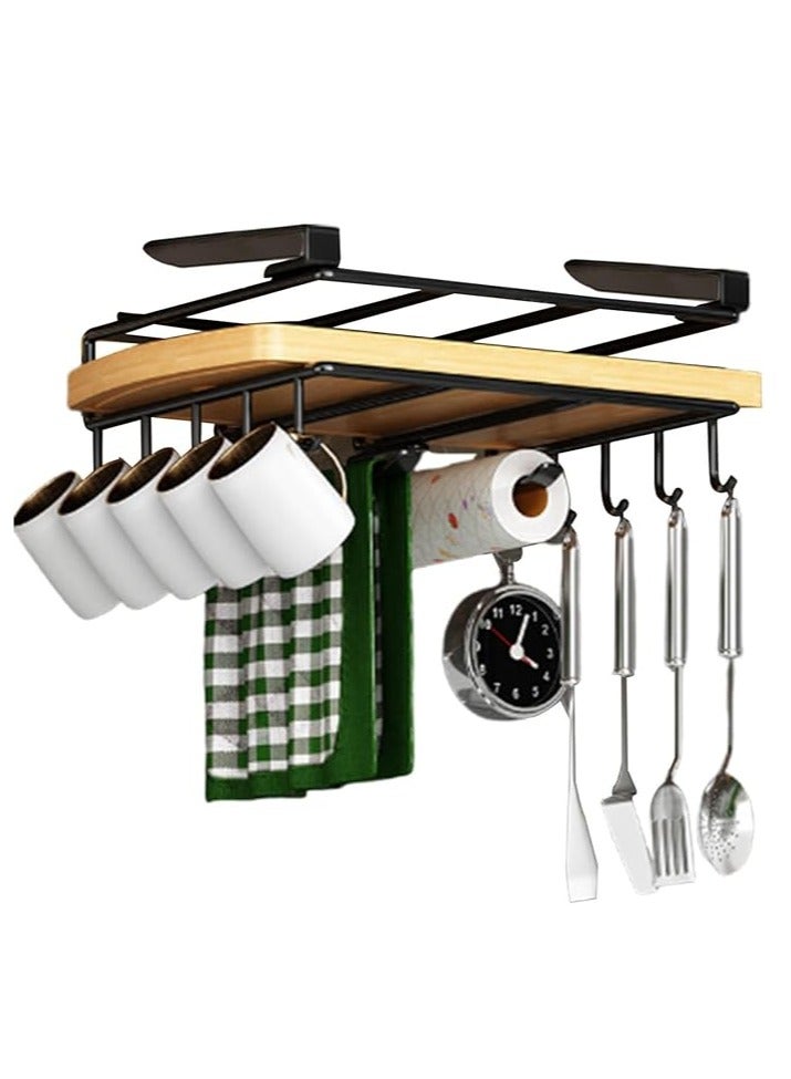 Arabest Mug Hooks Under Cabinet, Kitchen Paper Towels Holder, Cutting Board Holder Under Cabinet, Multifunctional Stainless Steel Under Cabinet Shelf, Rack for Bathrooms, Cutting Board, Towel, Mugs (Black)  - Image 1