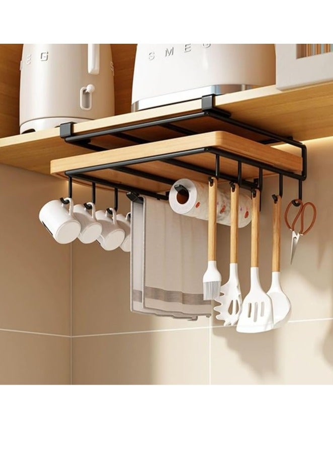 Arabest Mug Hooks Under Cabinet, Kitchen Paper Towels Holder, Cutting Board Holder Under Cabinet, Multifunctional Stainless Steel Under Cabinet Shelf, Rack for Bathrooms, Cutting Board, Towel, Mugs (Black)  - Image 5