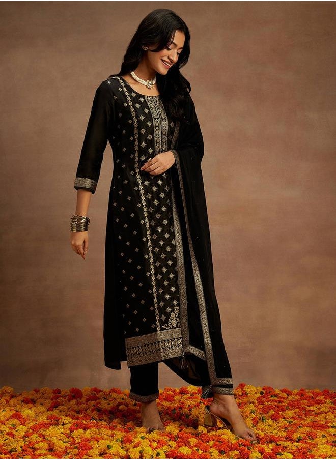 Libas - Printed Straight Kurta and Solid Trouser with Chiffon Dupatta Set by Styli - Image 1
