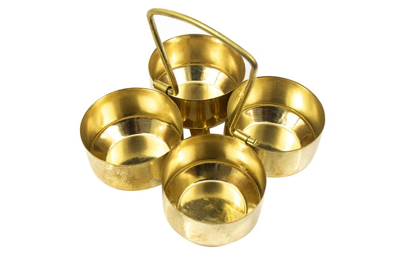 Spillbox Brass Puja Roli Chawal Kunkuma Turmeric Sandal 4 Bowl Stand for Temple Home - Image 1