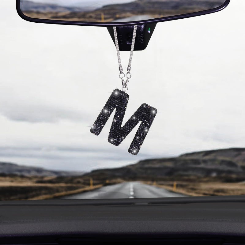 ToBeQueen Black Bling Car Mirror Hanging Accessories Diamond Crystal Rhinestone Letter M Hanging Ornament Cute Lucky Bling Black Car Charm for Women RedM