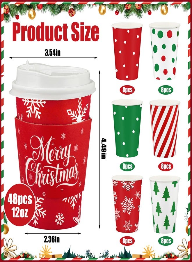 Fairooth 48 Pcs Christmas Paper Coffee Cups 12oz Disposable To Go Coffee Cup with Lids and Sleeves Leak-Proof Xmas Paper Drinking Cups for Hot Cocoa Coffee Beverage Xmas Winter Holiday Party Tableware Supplies - Image 2