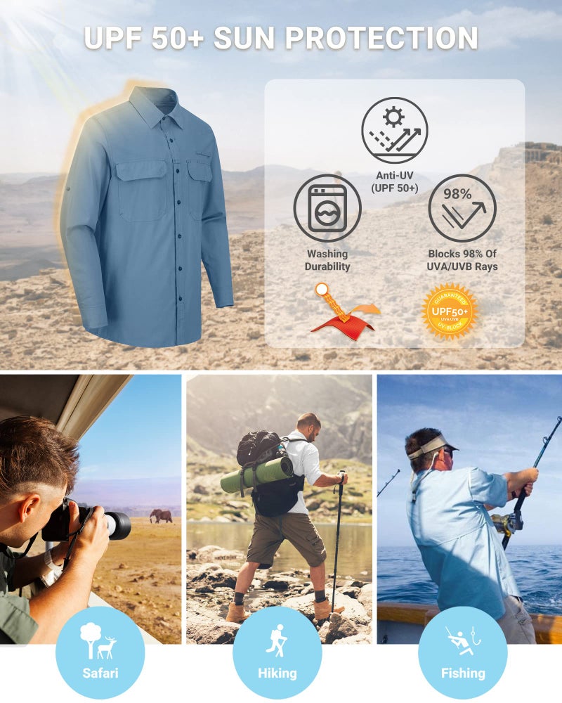 Outdoor Ventures Men's UPF 50+ UV Sun Protection Shirt, Long Sleeve Hiking Fishing Shirt Cooling Quick Dry for Safari Travel Bluestone - Image 5