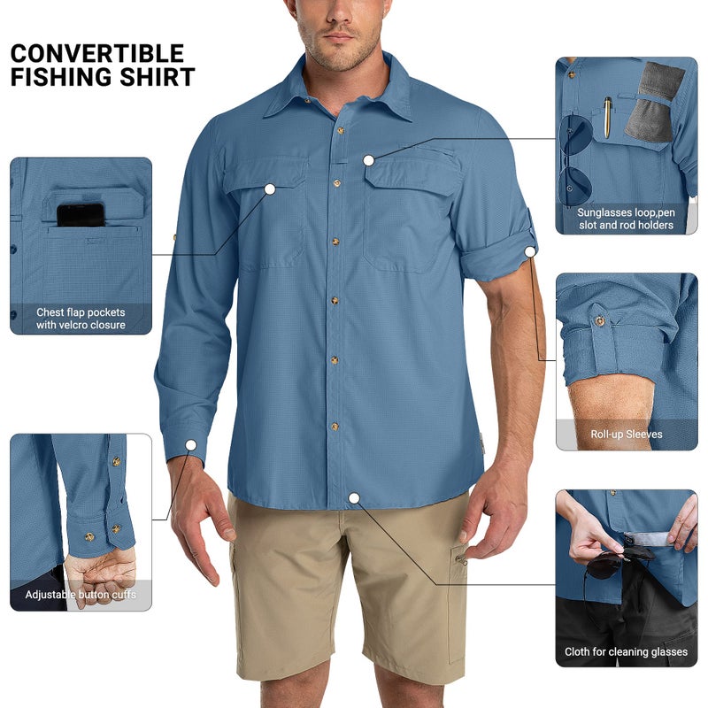 Outdoor Ventures Men's UPF 50+ UV Sun Protection Shirt, Long Sleeve Hiking Fishing Shirt Cooling Quick Dry for Safari Travel Bluestone - Image 3