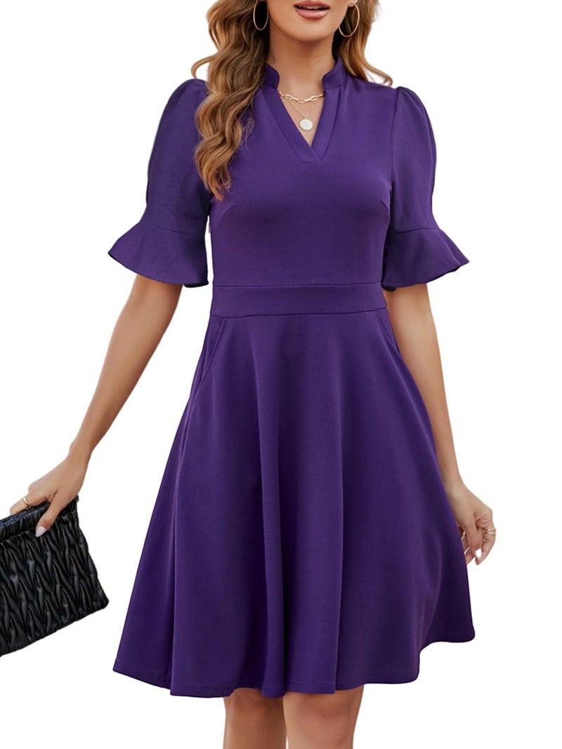 Mokayee Womens Summer Dresses 2026 Purple Easter Short Ruffle Sleeve V-Neck Fit and Flare Aline Cute Cocktail Sunday Church Classy Elegant Petite Dinner Business Casual Interview Work Dress with Pockets L - Image 2