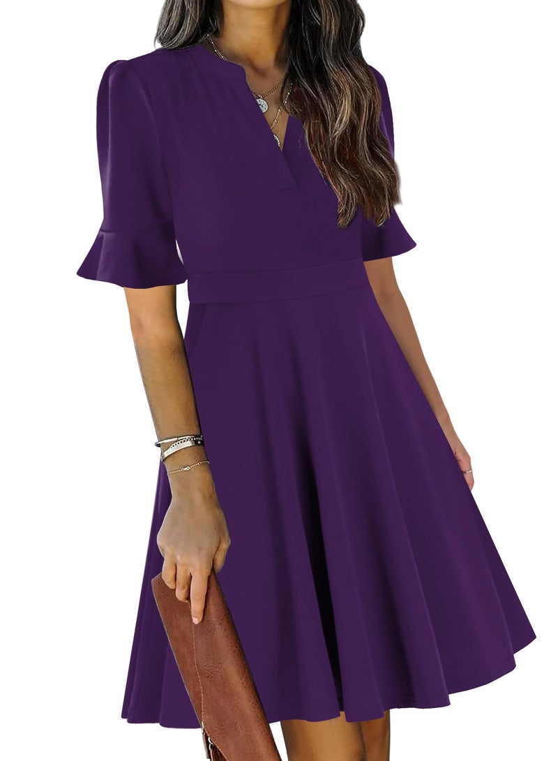 Mokayee Womens Summer Dresses 2026 Purple Easter Short Ruffle Sleeve V-Neck Fit and Flare Aline Cute Cocktail Sunday Church Classy Elegant Petite Dinner Business Casual Interview Work Dress with Pockets L - Image 1