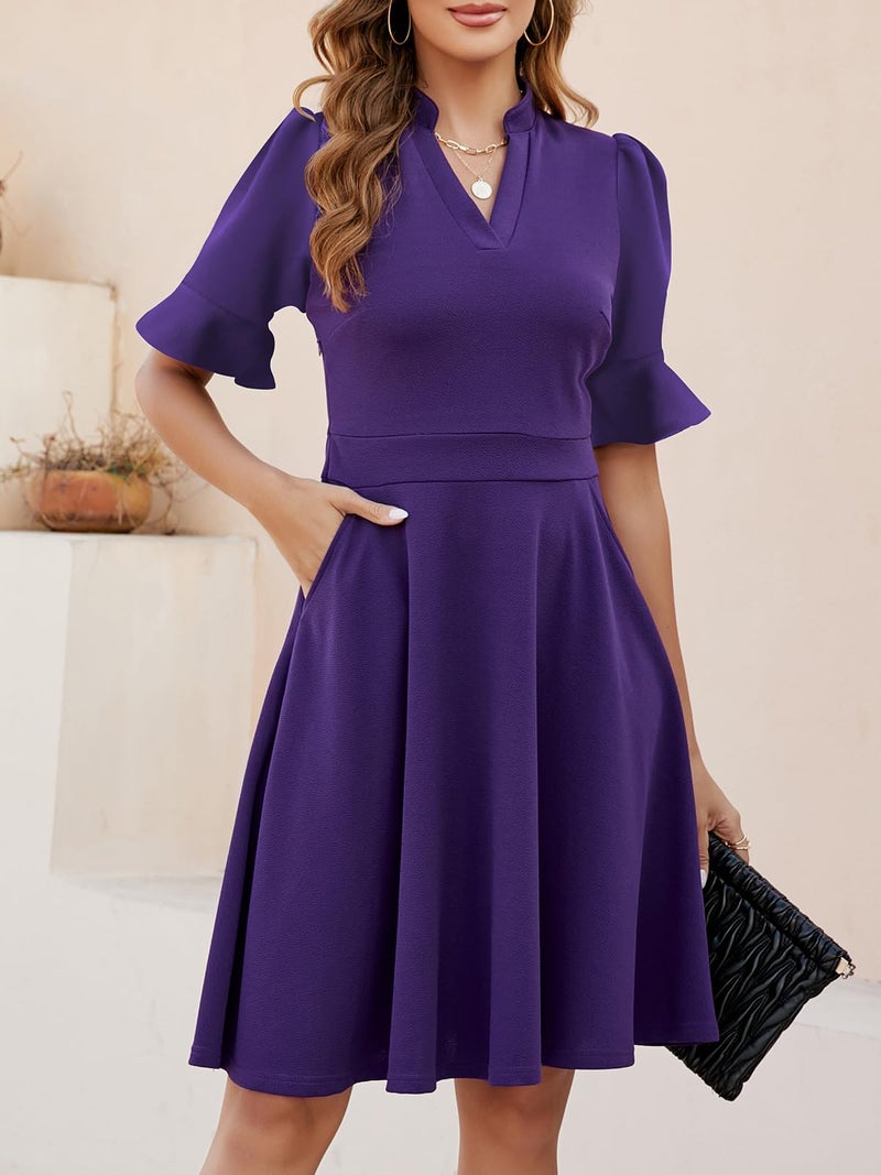 Mokayee Womens Summer Dresses 2026 Purple Easter Short Ruffle Sleeve V-Neck Fit and Flare Aline Cute Cocktail Sunday Church Classy Elegant Petite Dinner Business Casual Interview Work Dress with Pockets L - Image 3