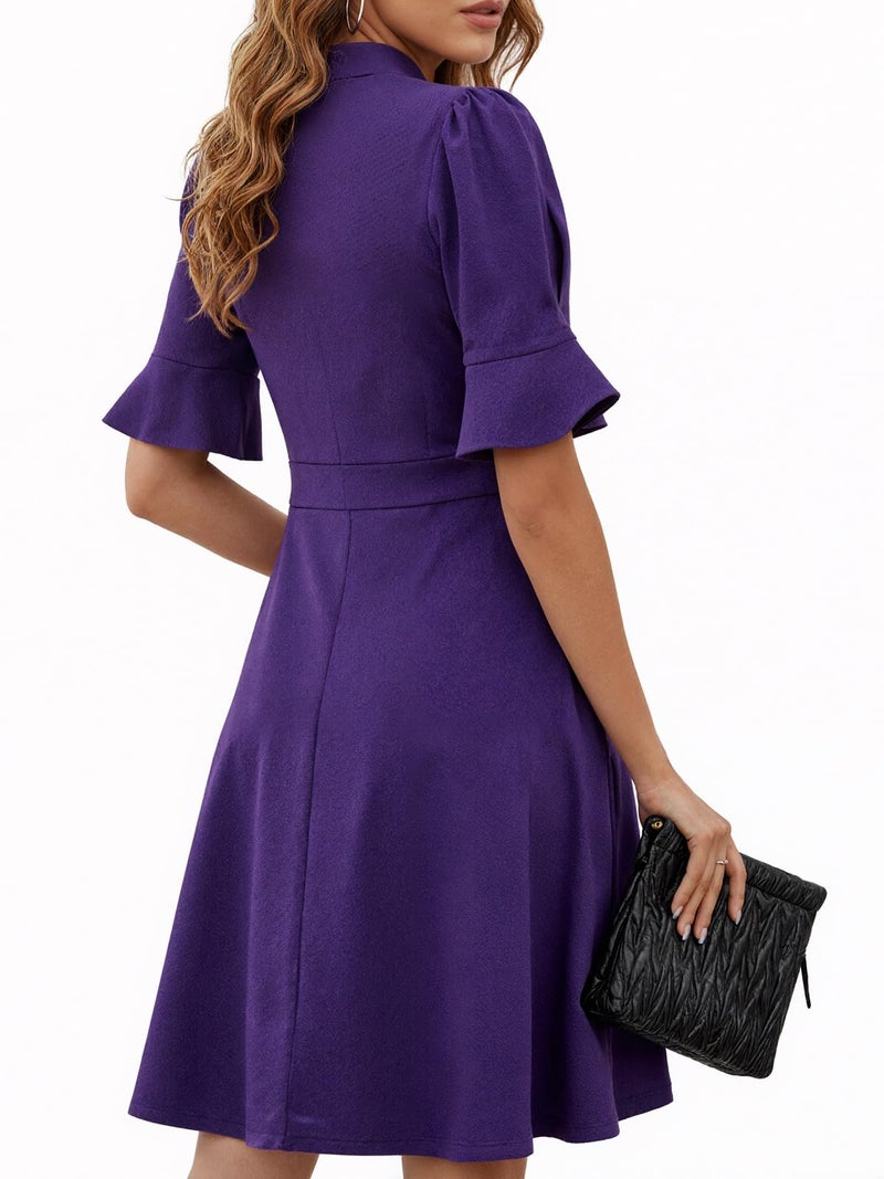 Mokayee Womens Summer Dresses 2026 Purple Easter Short Ruffle Sleeve V-Neck Fit and Flare Aline Cute Cocktail Sunday Church Classy Elegant Petite Dinner Business Casual Interview Work Dress with Pockets L - Image 5