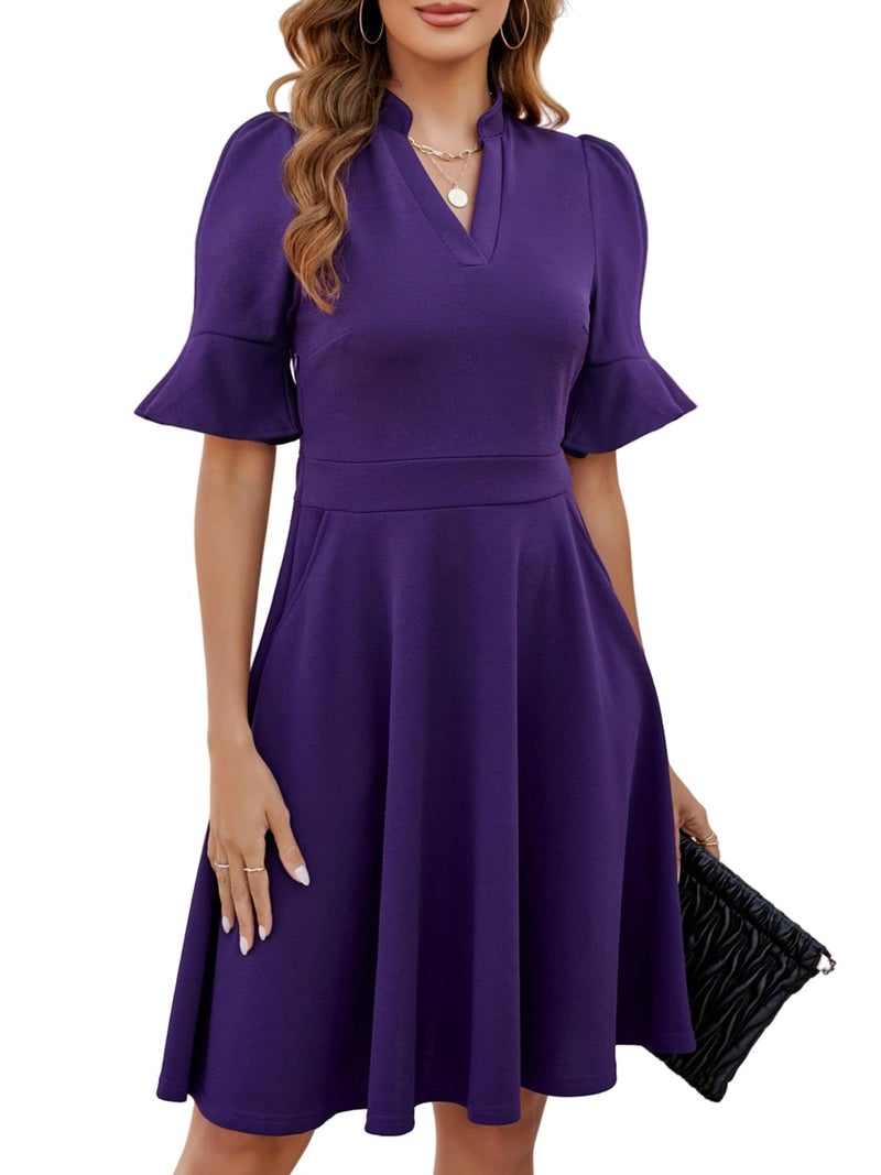 Mokayee Womens Summer Dresses 2026 Purple Easter Short Ruffle Sleeve V-Neck Fit and Flare Aline Cute Cocktail Sunday Church Classy Elegant Petite Dinner Business Casual Interview Work Dress with Pockets L - Image 4