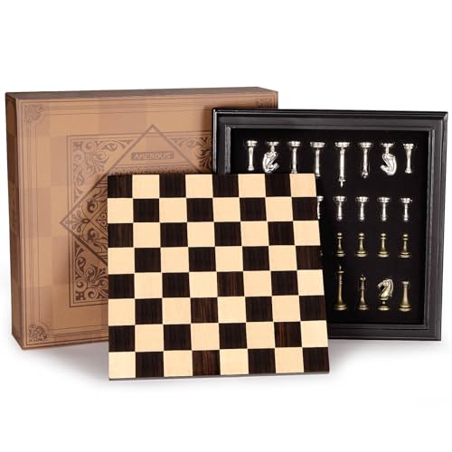 AMEROUS 125 inches Wooden Chess Set with Metal Chess PiecesClassic Board Game w 25 KingStorage for ChessmenInstructions Chess Sets for Adults Kids Beginner - Image 1