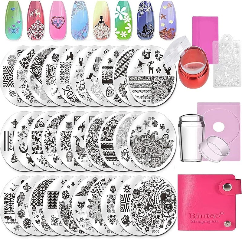 Biutee Nail Stamp Kit with Stamper and Scraper30 PCS Round Nail Stamp Plates KitGeometric Patterns Nail Template for Nail Salon Designs Nail Image Stamp Plates Manicure Templates Nail Art Tools