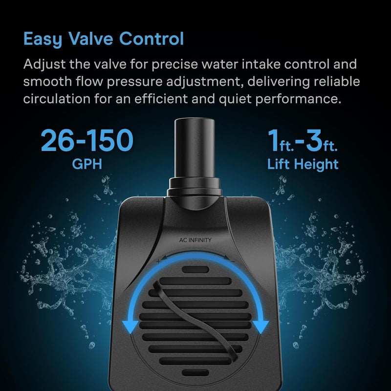 AC Infinity Submersible Water Pump 500 l/h, Extremely Quiet 8W Fish Tank Flow Pressure Control with 1 m High Pressure Pump for Aquariums, Fountains, Ponds, Pools, Hydroponics - Image 3