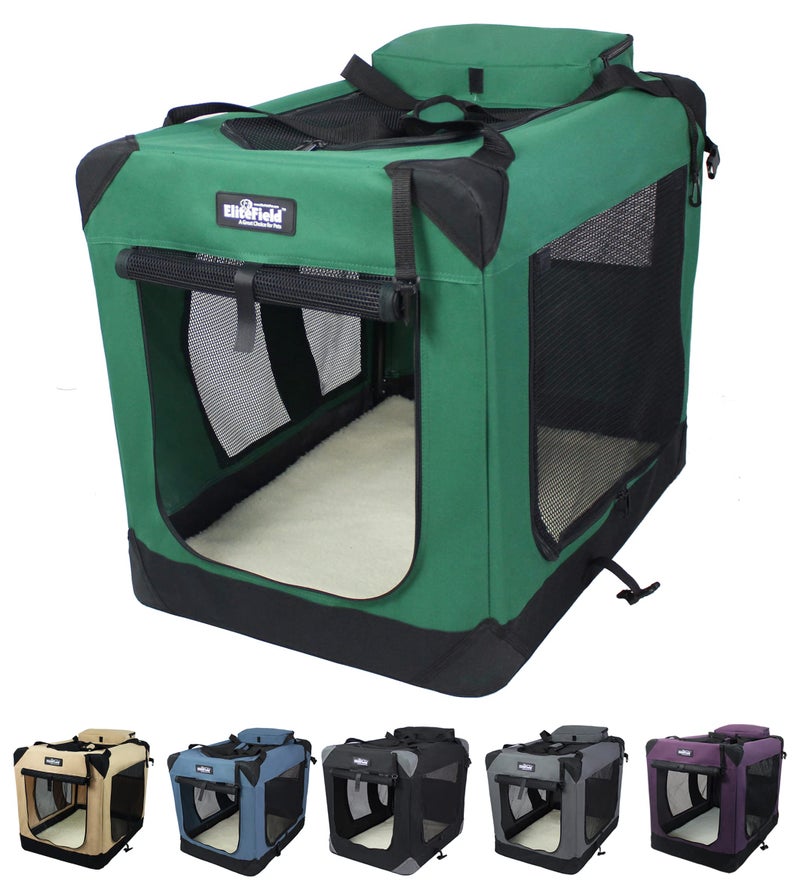 EliteField 3Door Folding Soft Dog Crate with Carrying Bag and Fleece Bed 2 Year Warranty Indoor Outdoor Pet Home 20 L x 14 W x 14 H Green