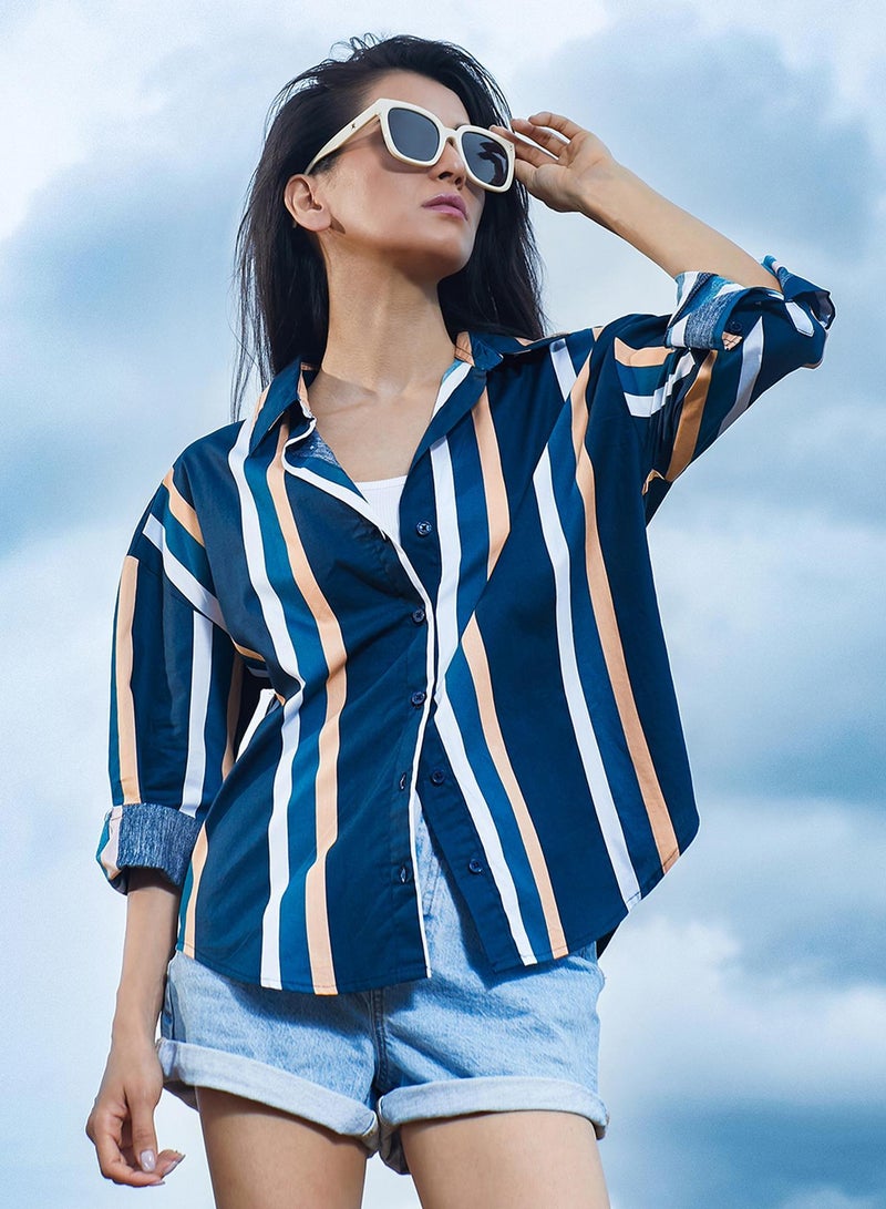 PINACOLADA Women's Prussian Blue Halo Striped Shirt - Image 1