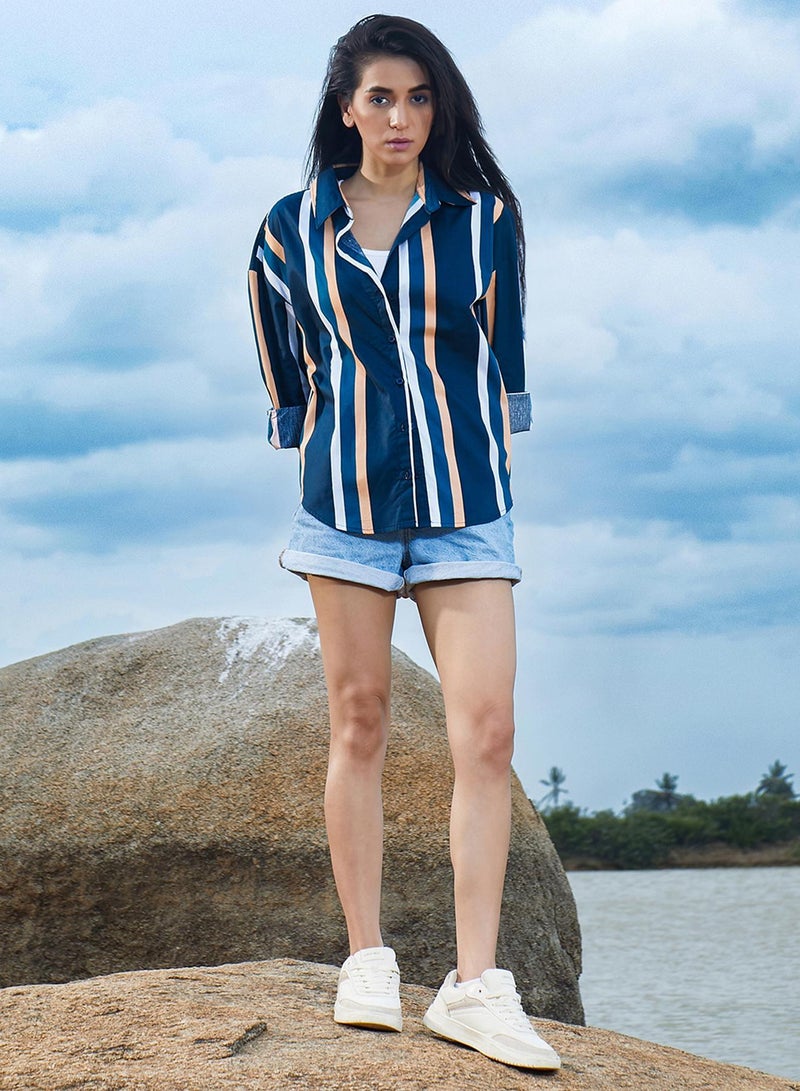 PINACOLADA Women's Prussian Blue Halo Striped Shirt - Image 5