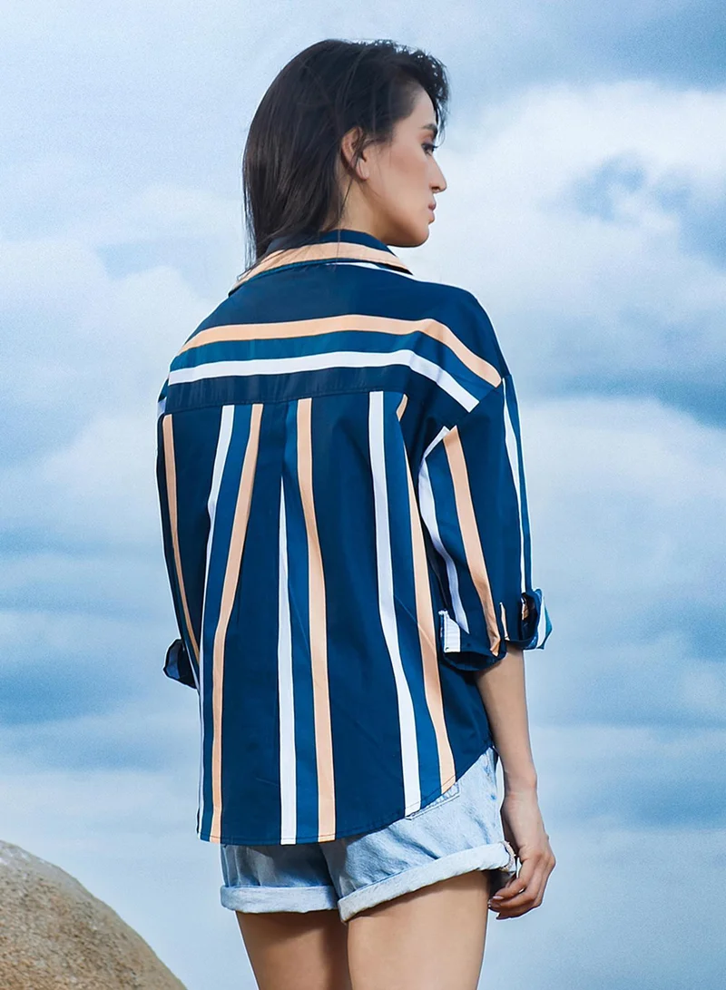 Pinacolada  Women's Prussian Blue Halo Striped Shirt for Women | Best Price UAE
