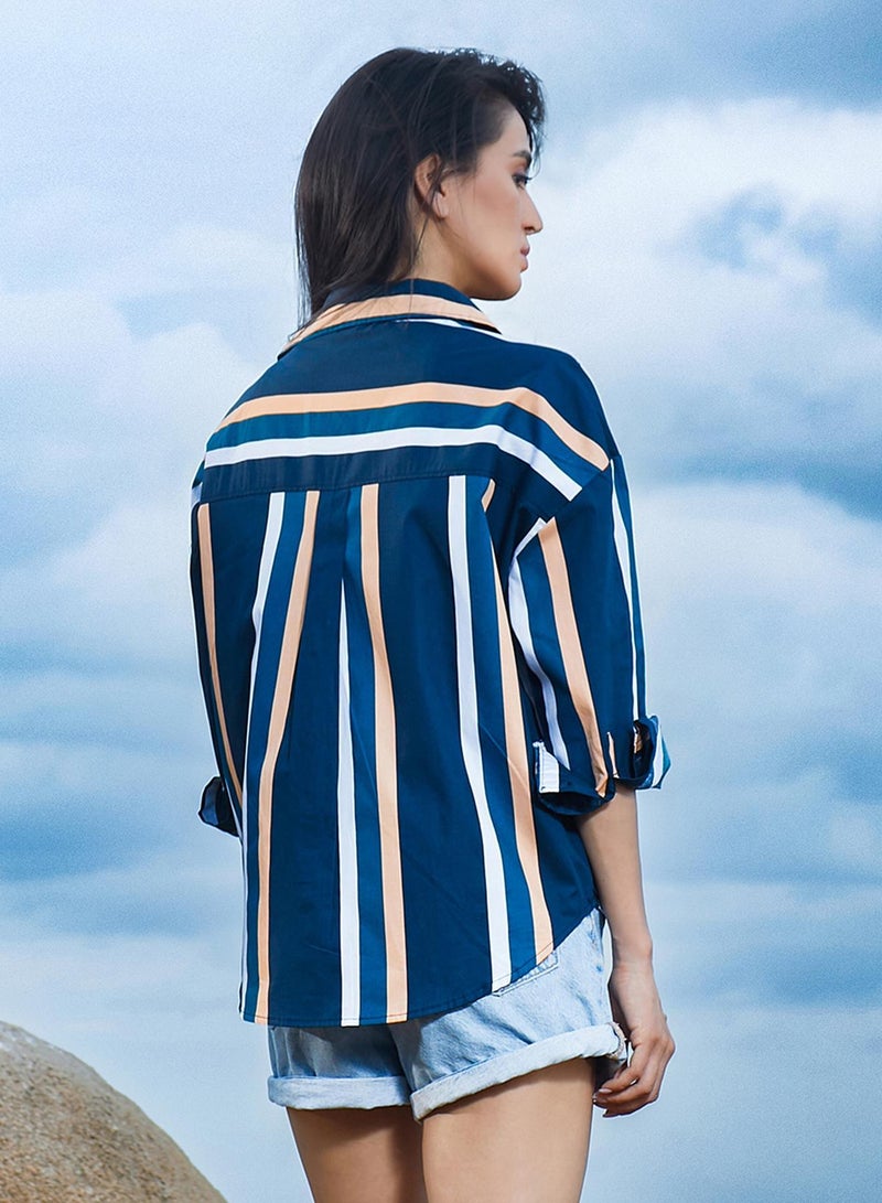 PINACOLADA Women's Prussian Blue Halo Striped Shirt - Image 3