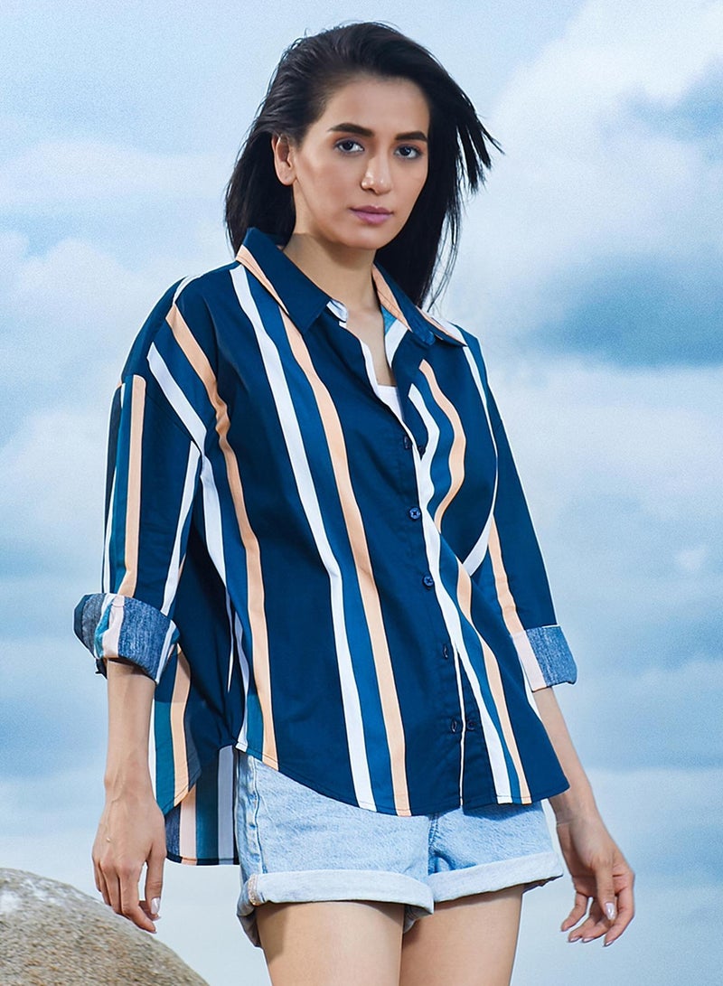 PINACOLADA Women's Prussian Blue Halo Striped Shirt - Image 2