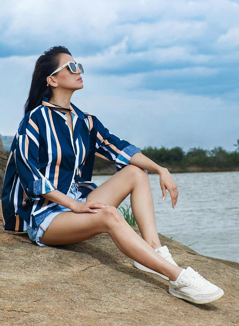 Pinacolada  Women's Prussian Blue Halo Striped Shirt for Women | Best Price UAE