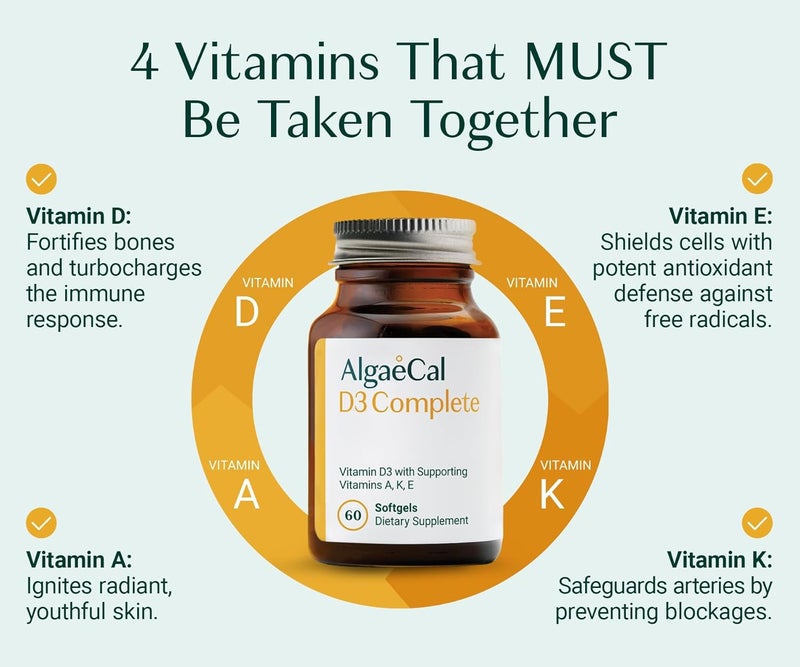 ALGAECAL 4in1 Vitamin D3 K2 Complete  ADK Vitamin Supplement Enhanced Immune Support  Bone Health with D3 K2 A  E  Whole Body Wellness  Bone Strength 60 EasySwallow Softgels Made in USA - Image 3
