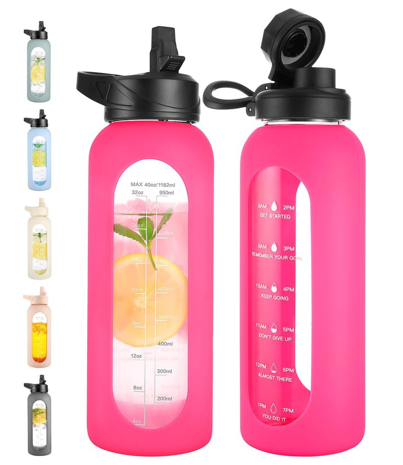 CIVAGO 40 oz Glass Water Bottle with Straw and Handle, Large Sports Motivational Water Bottle Flask with Time Marker and 2 Lids, Leakproof Water Jug Canteen with Silicone Sleeve for Gym,Camelia - Image 1