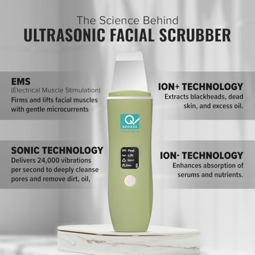 Q DEVICES Ultrasonic Facial Skin Scrubber – 4 Modes for Deep Cleansing & Lifting – Blackhead Remover & Pore Cleaner with Stainless Steel Spatula, 24000/min High Vibration, Silicone Covers, Rechargeable - Image 5