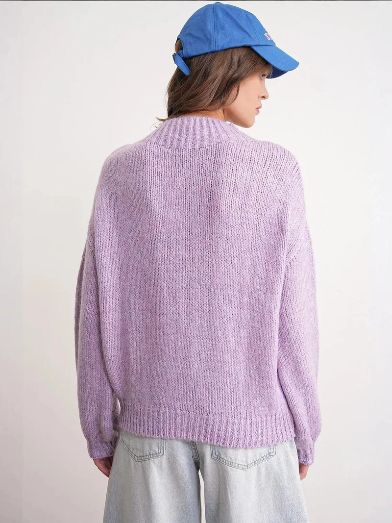 Mixray Lilac Purple Mixray Relaxed Fit Crew Neck Thick Knit Sweater for Women | Best Price UAE