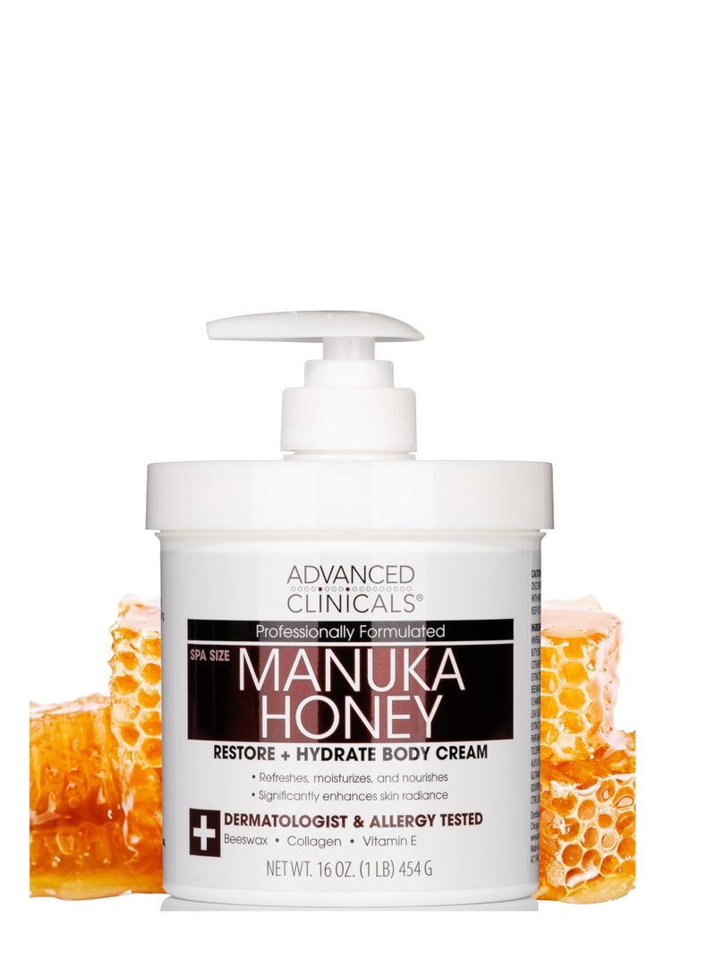Advanced Clinicals Manuka Honey Body Cream For Women & Men | Body Butter Lotion For Extremely Dry Skin | Collagen Cream | Skincare Moisturizer Hydrating Balm Improves Look Of Aging Skin, 16 Ounce