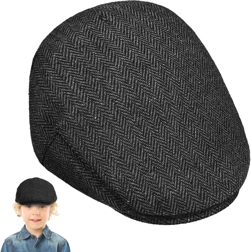 Newsboy Cap Wool Blend Flat Beret Hat for Boys, Size 50 (48-50cm), Black Gray Winter Hat for Outdoor Wear - Image 1
