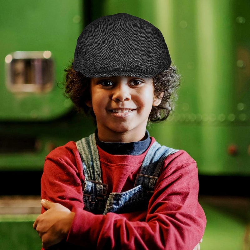Newsboy Cap Wool Blend Flat Beret Hat for Boys, Size 50 (48-50cm), Black Gray Winter Hat for Outdoor Wear - Image 5